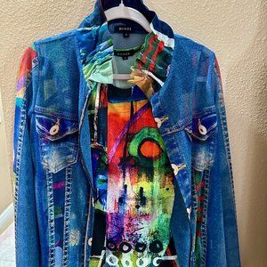 Damee Abstract Denim-Look Sheer Zip Jacket & Stretch Knit Tank Top Set Small